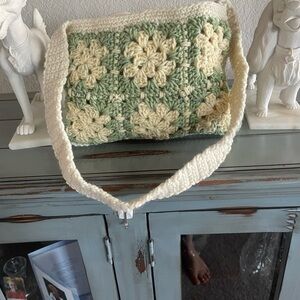 Handcrafted Floral Crochet Bag - Cream and Green